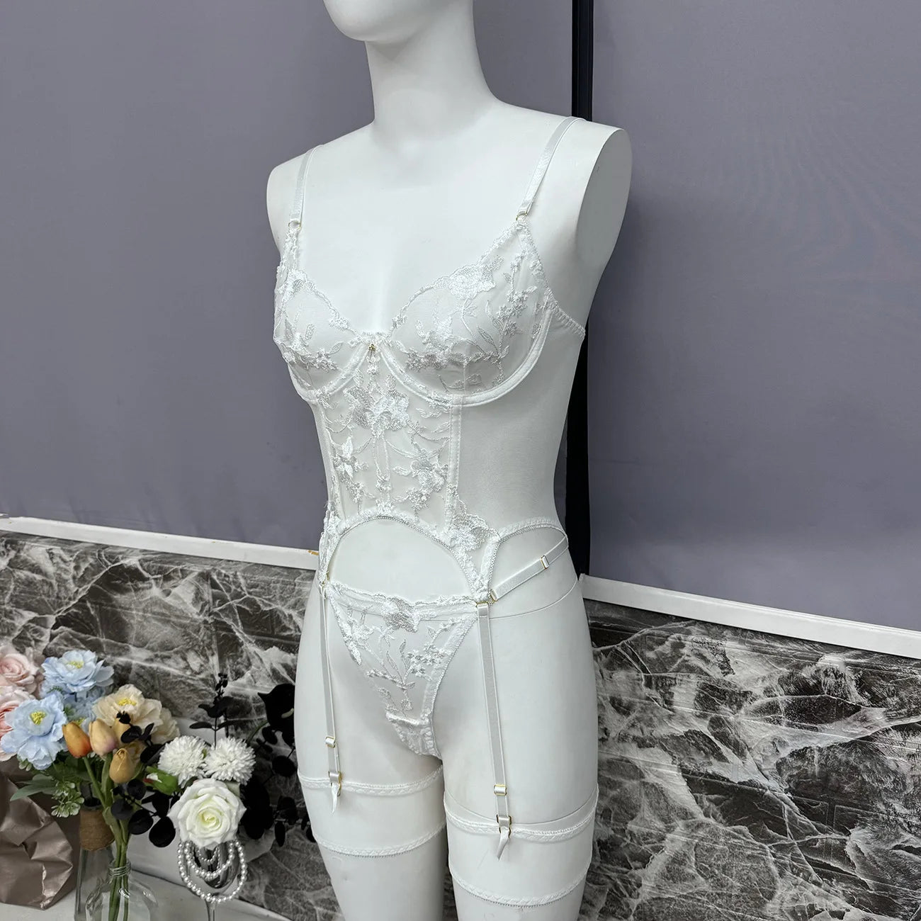 Ellolace Sensual Lingerie Floral Lace Transparent Erotic Costume Bride Fantasy Sexy Crotchless Invisible Thongs Naked Sex Suit