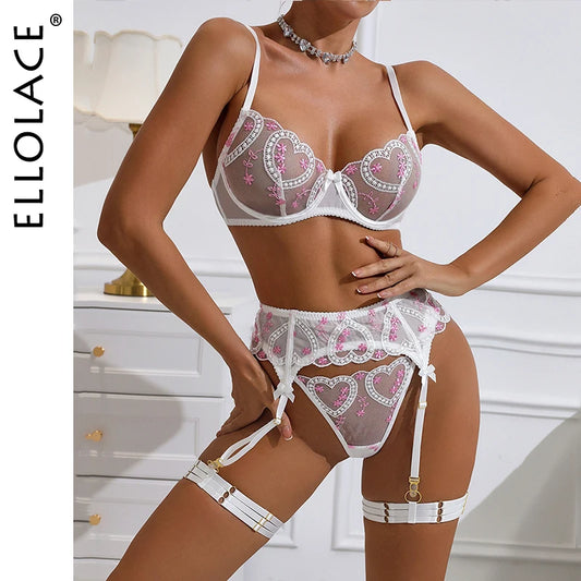 Ellolace Valentine Lingerie Fancy Heart Embroidery Sexy Dames Luxury Underwear Ensemble Lingeries Femmes Crotchless Bilizna Set