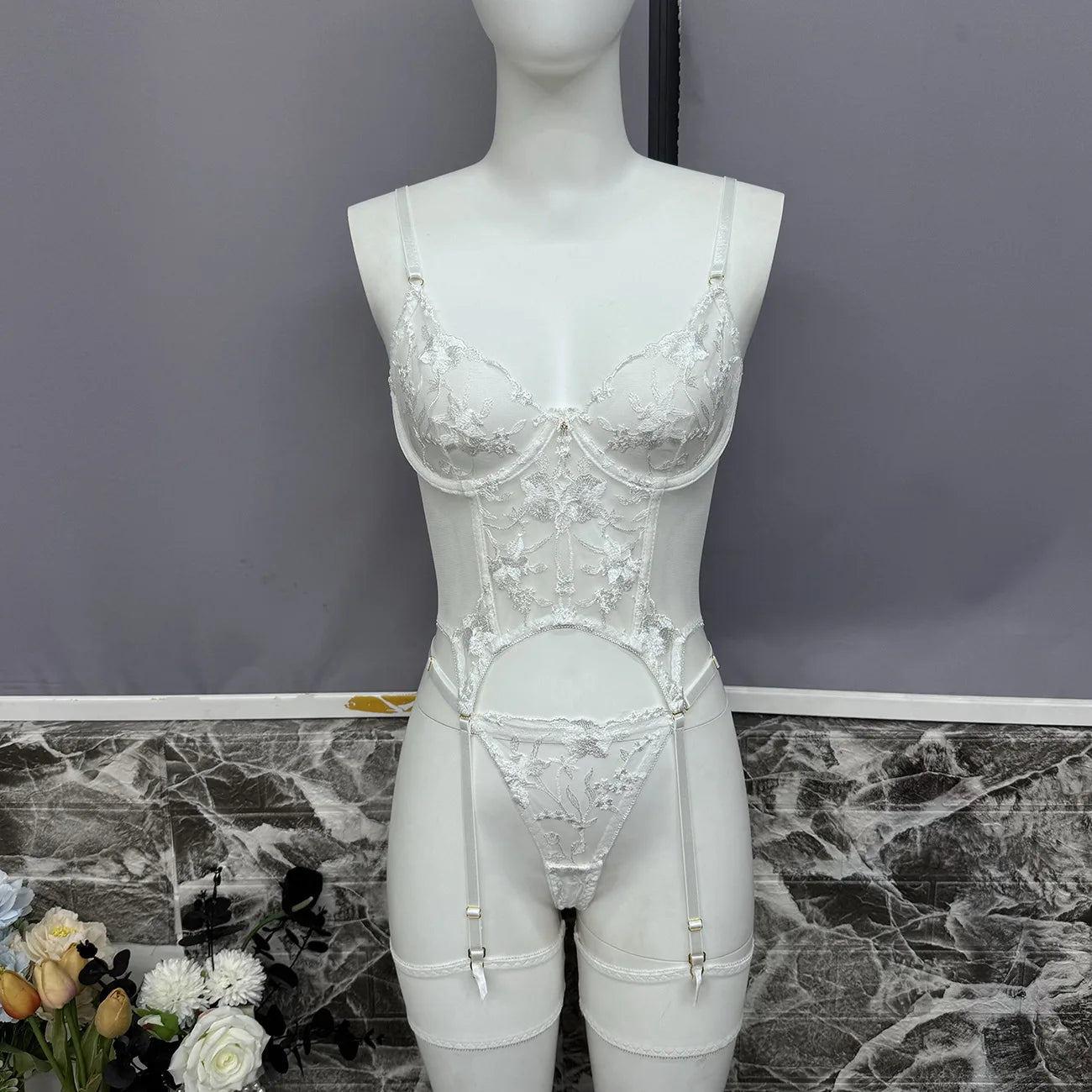 Ellolace Sensual Lingerie Floral Lace Transparent Erotic Costume Bride Fantasy Sexy Crotchless Invisible Thongs Naked Sex Suit