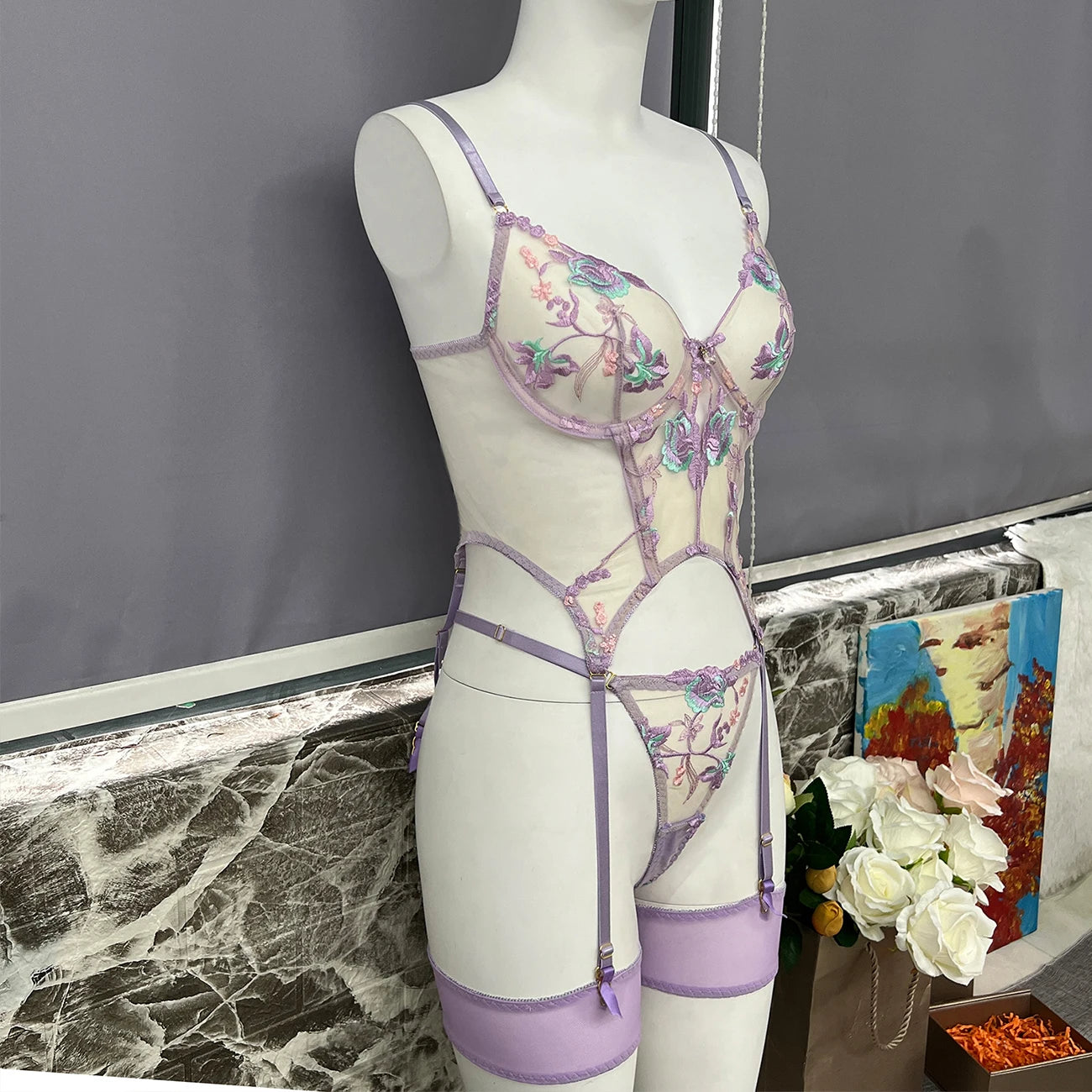 Ellolace Sensual Lingerie Floral Lace Transparent Erotic Costume Bride Fantasy Sexy Crotchless Invisible Thongs Naked Sex Suit