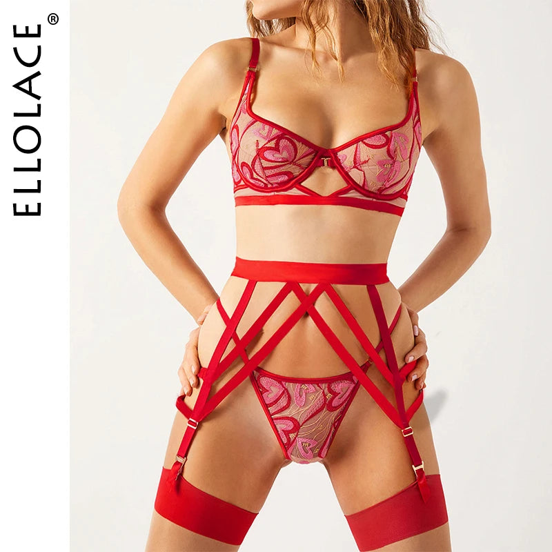 Ellolace Fantasy Sexy Lingerie Love 18 Fancy Women Underwear Red Sissy Sexy Dames g-String Valentine Romantic Bilizna Set