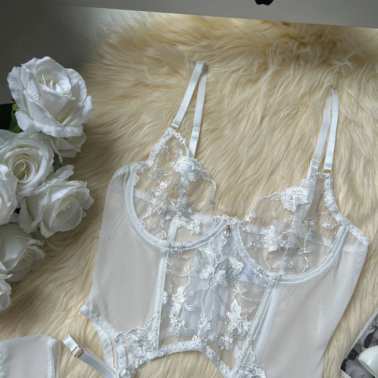 Ellolace Sensual Lingerie Floral Lace Transparent Erotic Costume Bride Fantasy Sexy Crotchless Invisible Thongs Naked Sex Suit