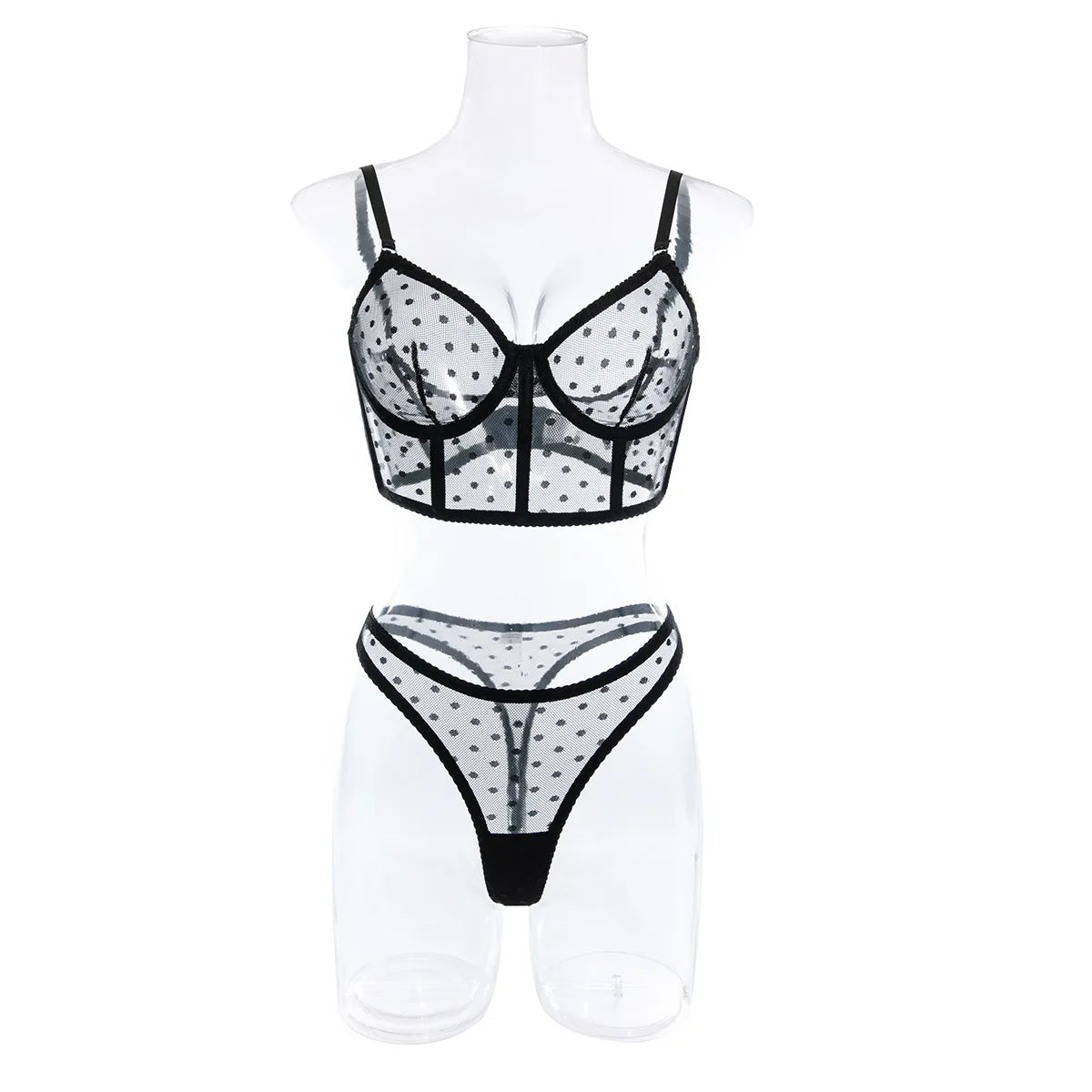 Ellolace Polka Dot Sensual Lingerie Transparent Lace Set Women 2 Piece Seamless Bilizna Set See Through Sexy Black Intimate